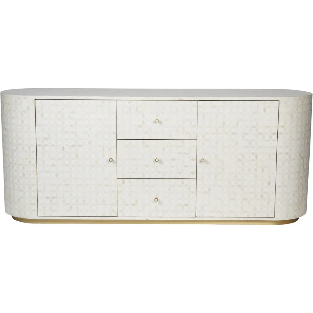 Cream sideboard with geometric bone inlay pattern and rounded edges.
