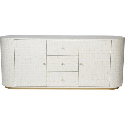 Cream sideboard with geometric bone inlay pattern and rounded edges.