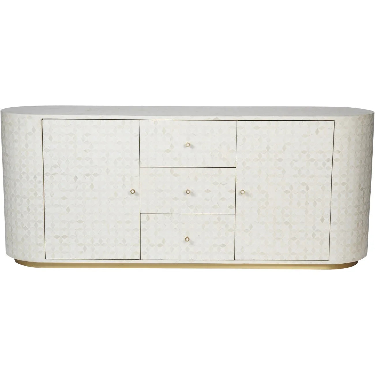 Cream sideboard with geometric bone inlay pattern and rounded edges.