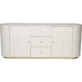 Cream sideboard with geometric bone inlay pattern and rounded edges.