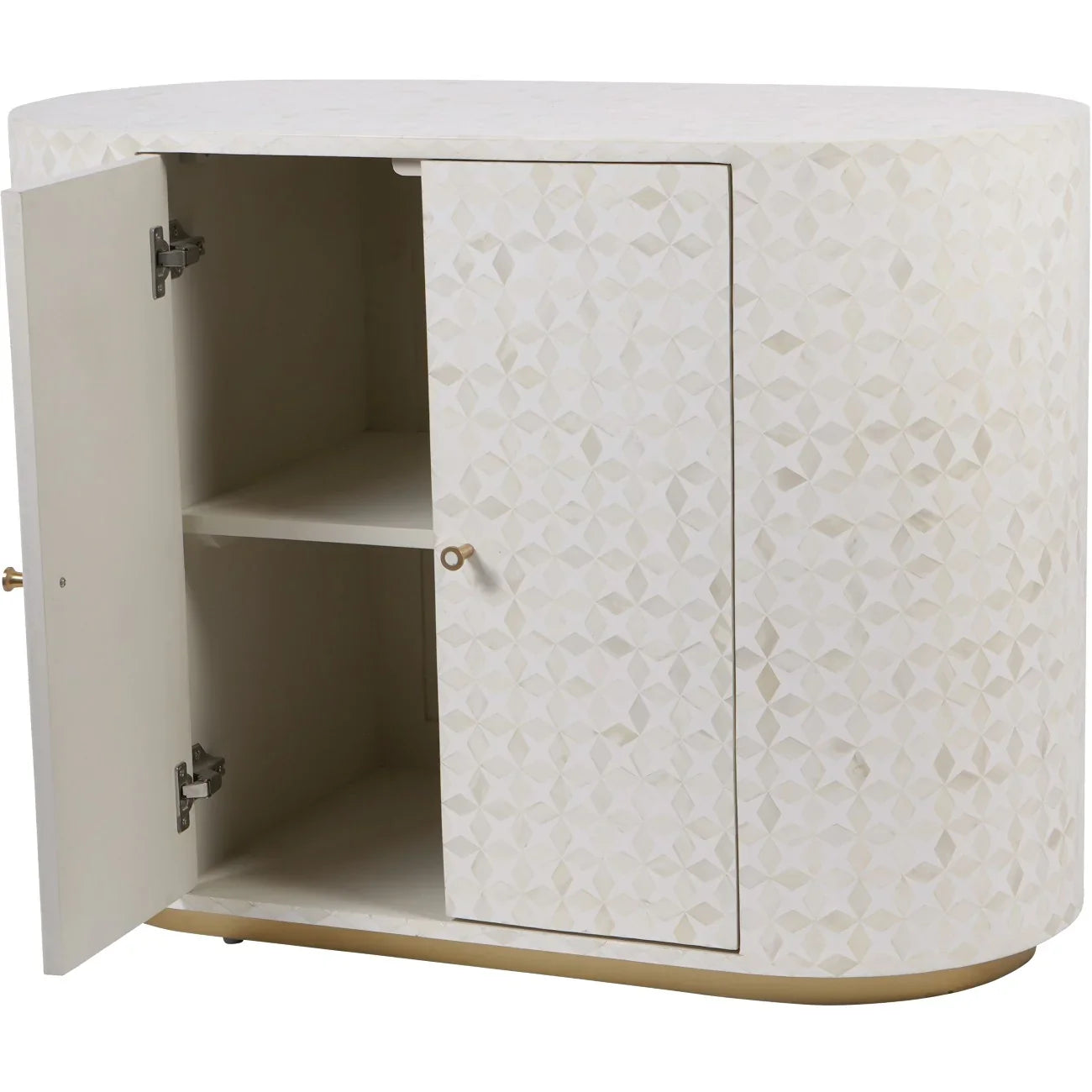 White bone inlay cabinet with open door revealing interior shelf.