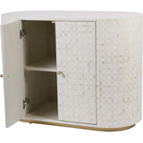 White bone inlay cabinet with open door revealing interior shelf.