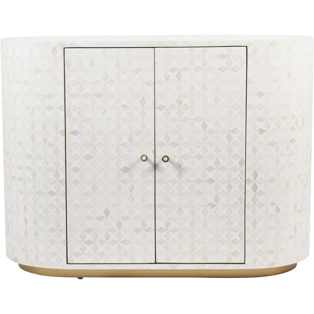 White bone inlay cabinet with geometric pattern and dual doors.