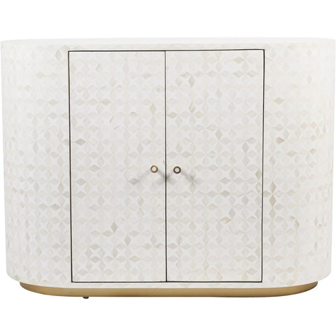 White bone inlay cabinet with geometric pattern and dual doors.