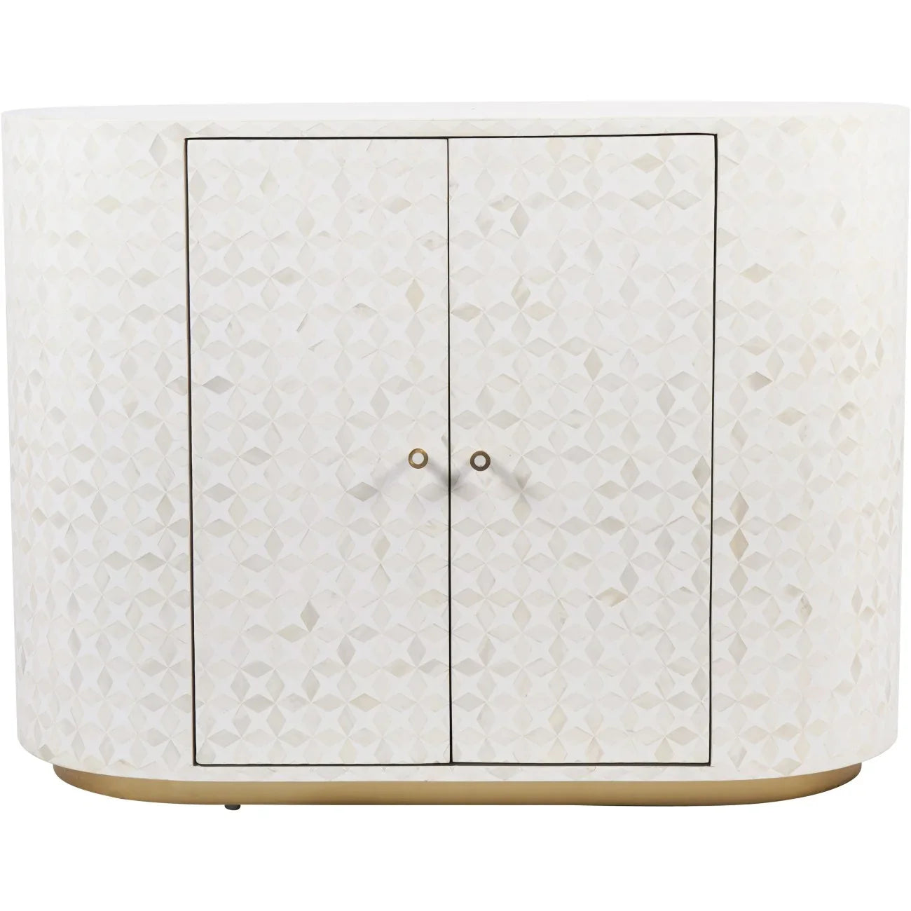 White bone inlay cabinet with geometric pattern and dual doors.