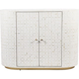 White bone inlay cabinet with geometric pattern and dual doors.