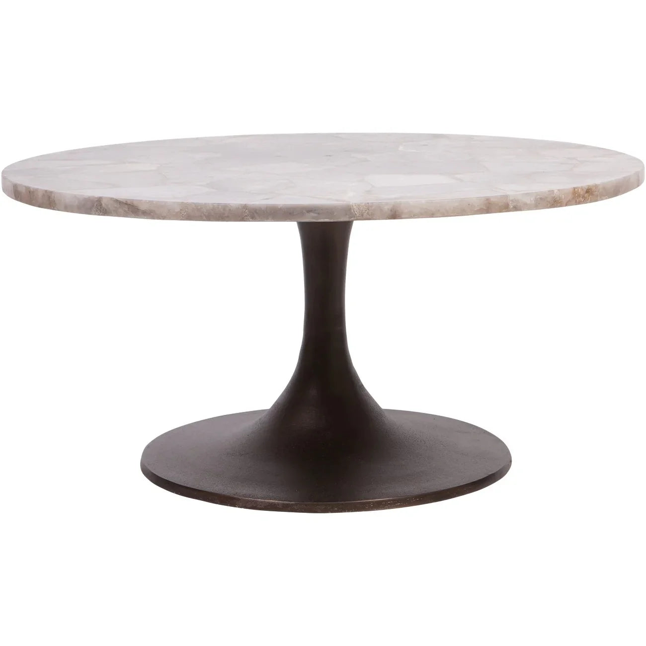 Round coffee table with smokey quartz top and dark pedestal base.