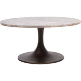 Round coffee table with smokey quartz top and dark pedestal base.