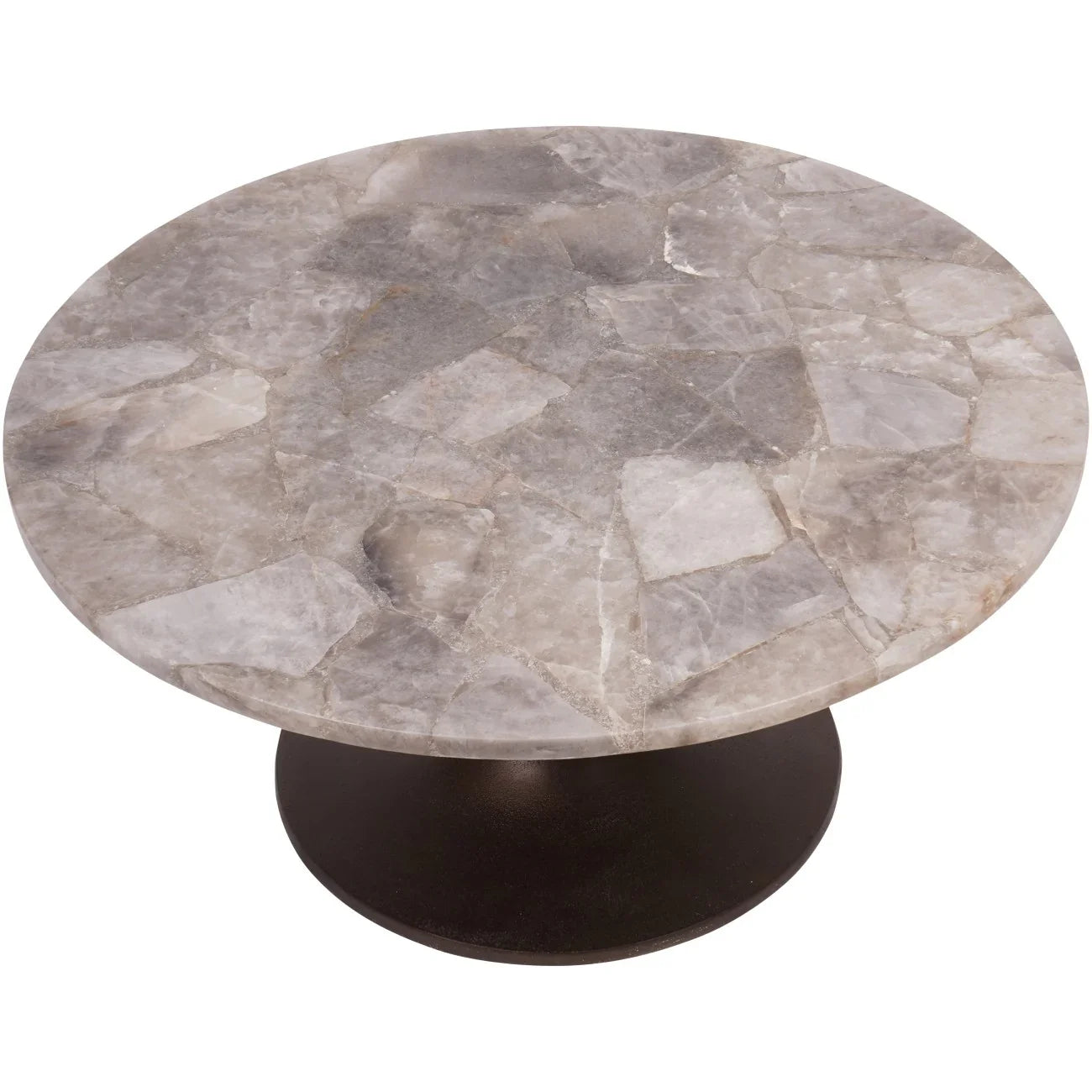 Round table with smokey quartz top and dark base, overhead view.