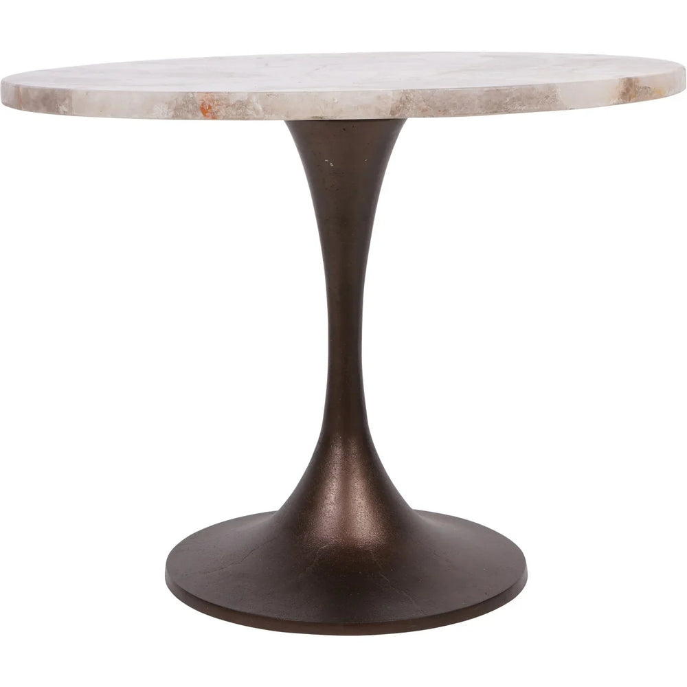Round side table with a smokey quartz top and dark bronze pedestal base.