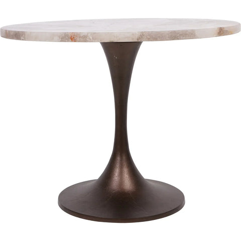 Round side table with a smokey quartz top and dark bronze pedestal base.