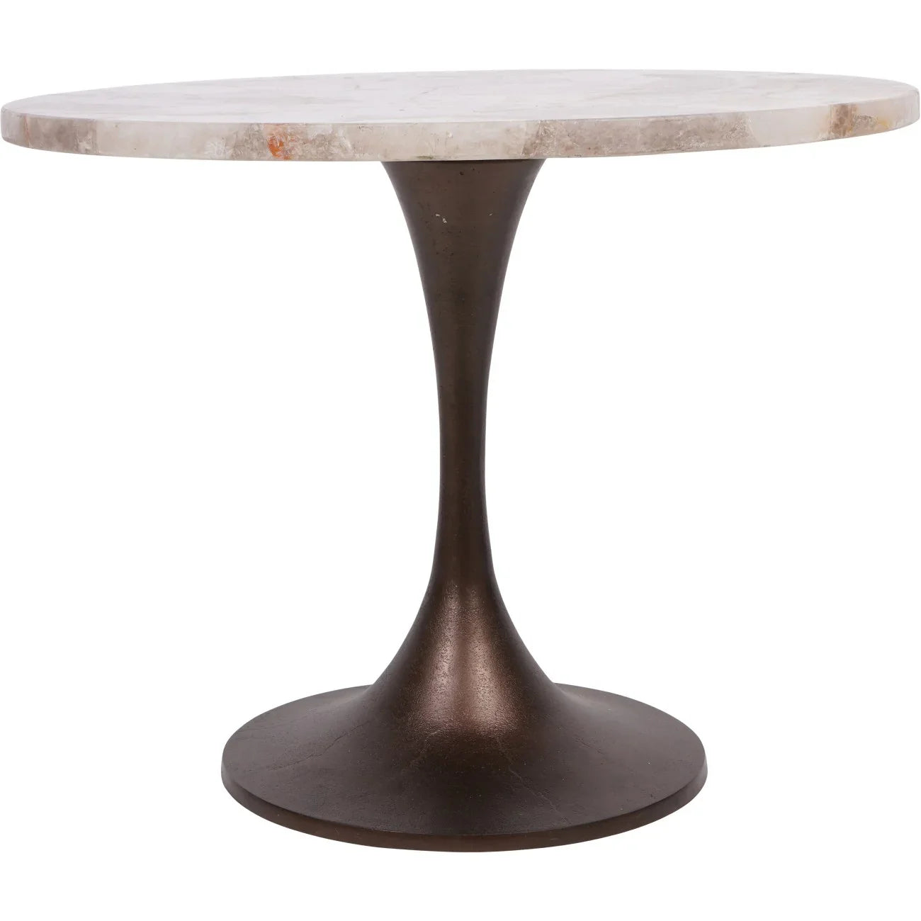 Round side table with a smokey quartz top and dark bronze pedestal base.