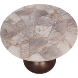 Round table with a mosaic quartz top and a bronze base.