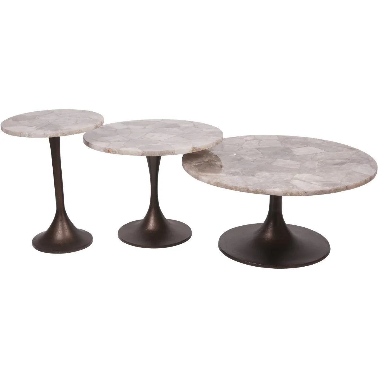 Three smokey quartz side tables with dark pedestal bases.