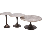 Three smokey quartz side tables with dark pedestal bases.