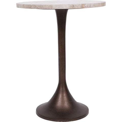 Round side table with marble top and bronze pedestal base.