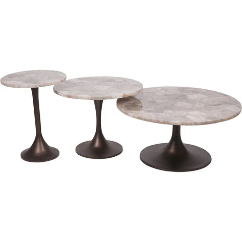 Three smokey quartz tables with bronze bases in varying heights.