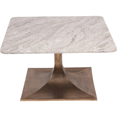 Square marble table with a textured bronze base.