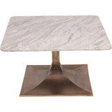 Square marble table with a textured bronze base.