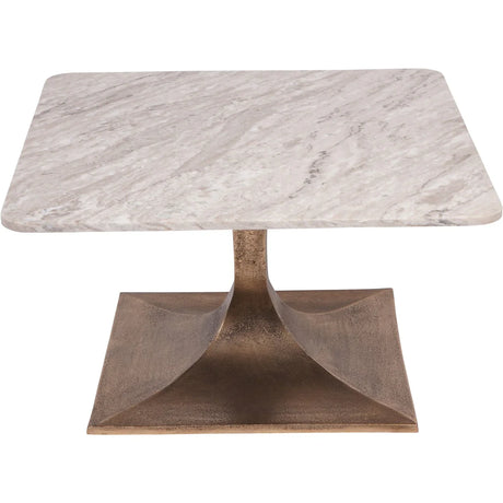 Square marble table with a textured bronze base.