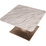 Square marble table with textured bronze base.