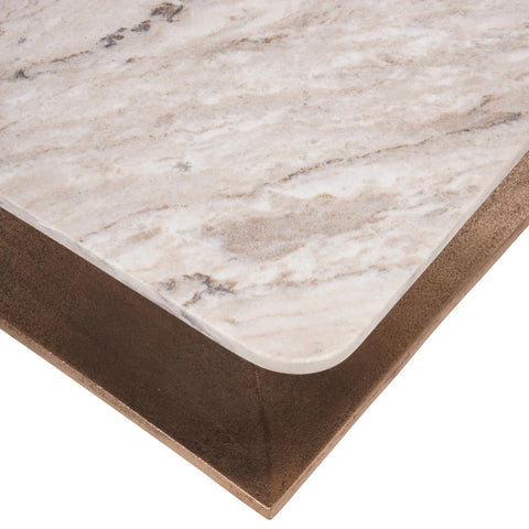 Beige marble tabletop with rounded edge and brown textured base.