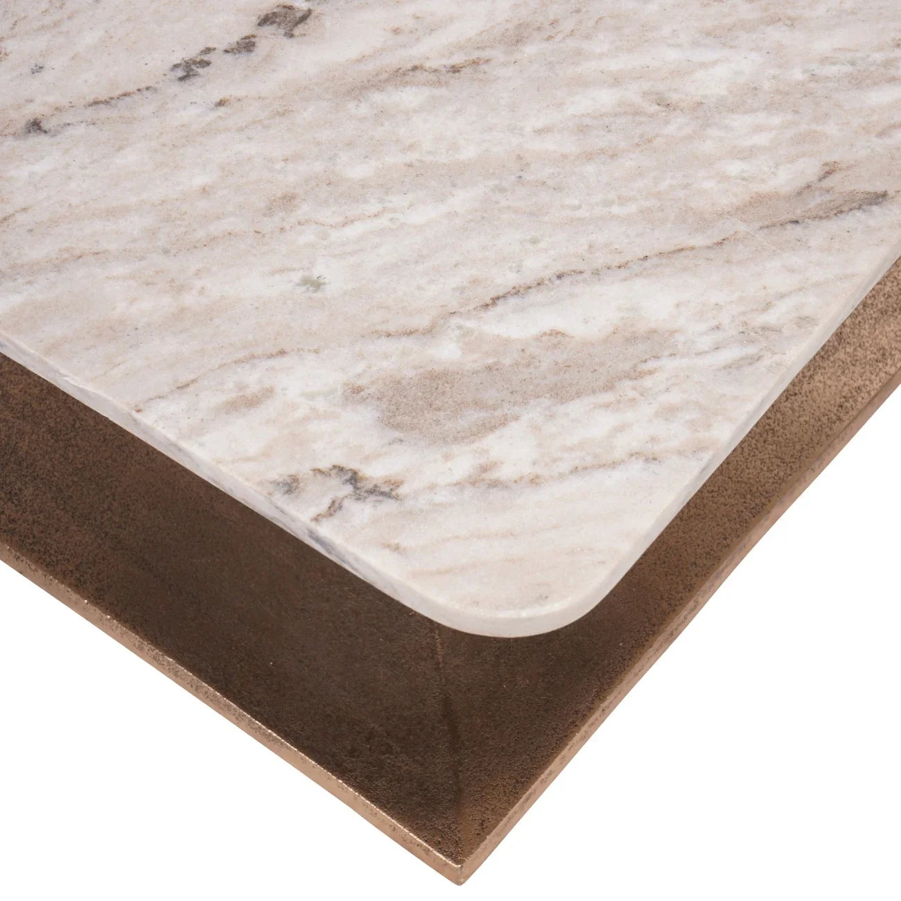 Beige marble tabletop with rounded edge and brown textured base.