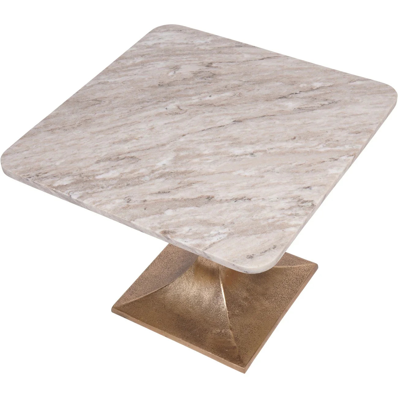 Square marble table with a textured beige surface and a bronze base.