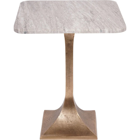Square marble side table with a bronze pedestal base.