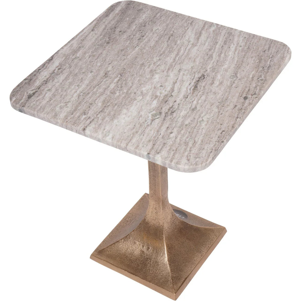 Square marble top table with textured bronze base.