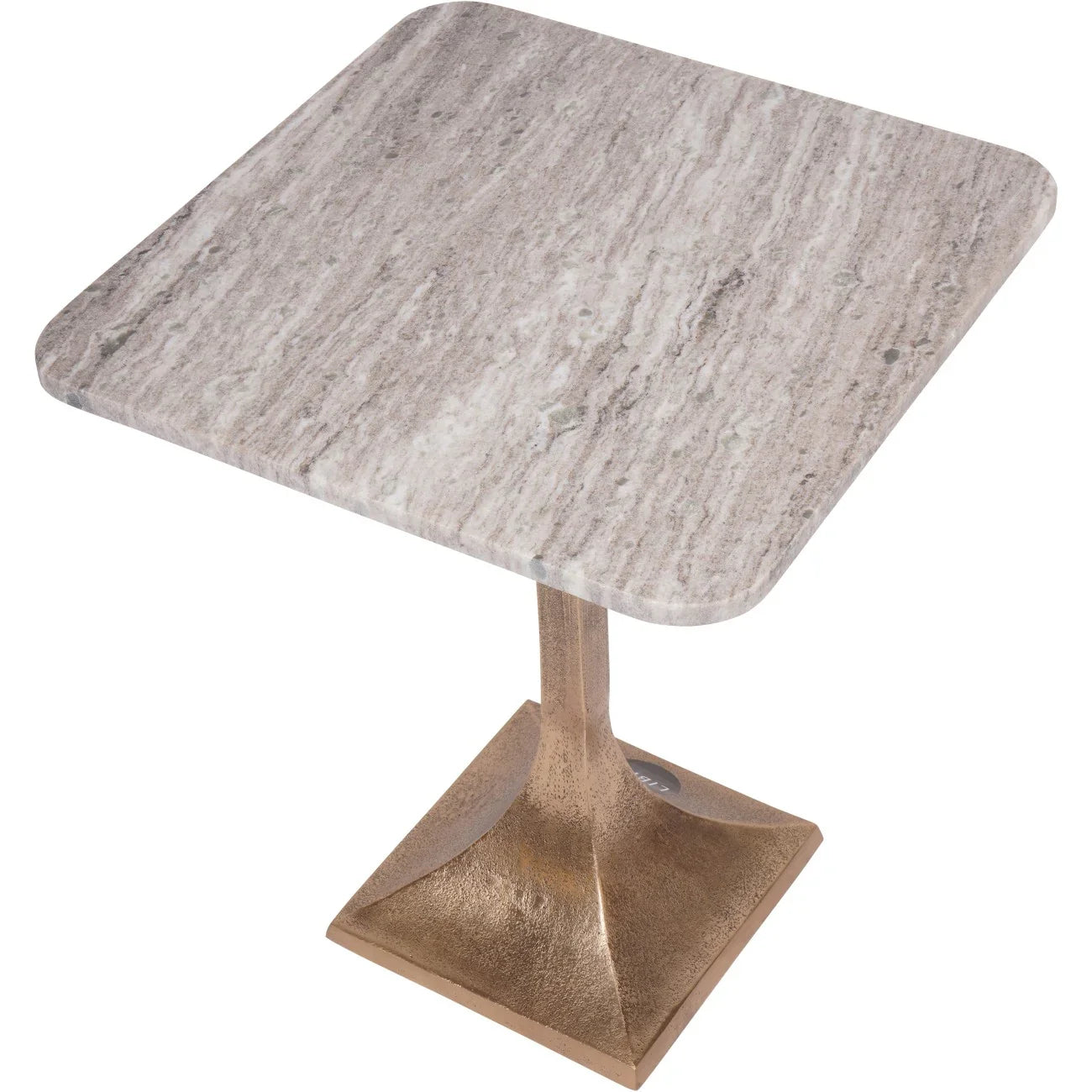 Square marble top table with textured bronze base.