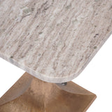 Beige marble table surface with subtle veining and a bronze base.
