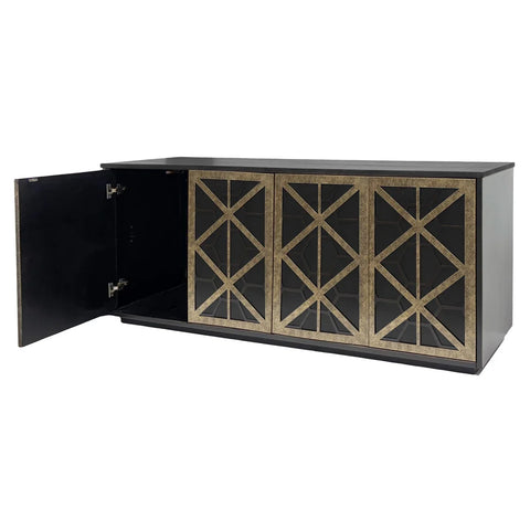 Black sideboard with gold fretwork design, one door open.