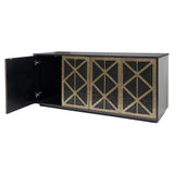 Black sideboard with gold fretwork design, one door open.