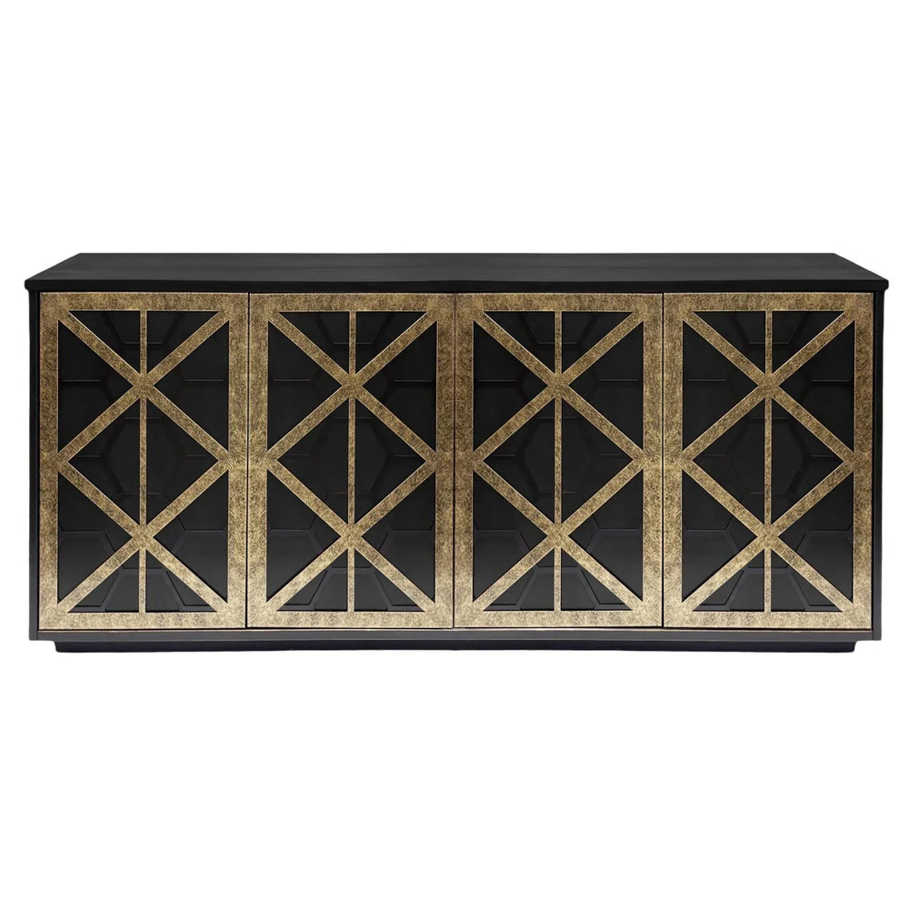 Black and gold sideboard with geometric fretwork design.