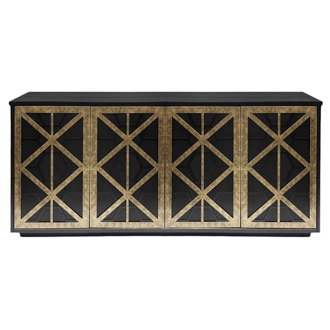 Black and gold sideboard with geometric fretwork design.
