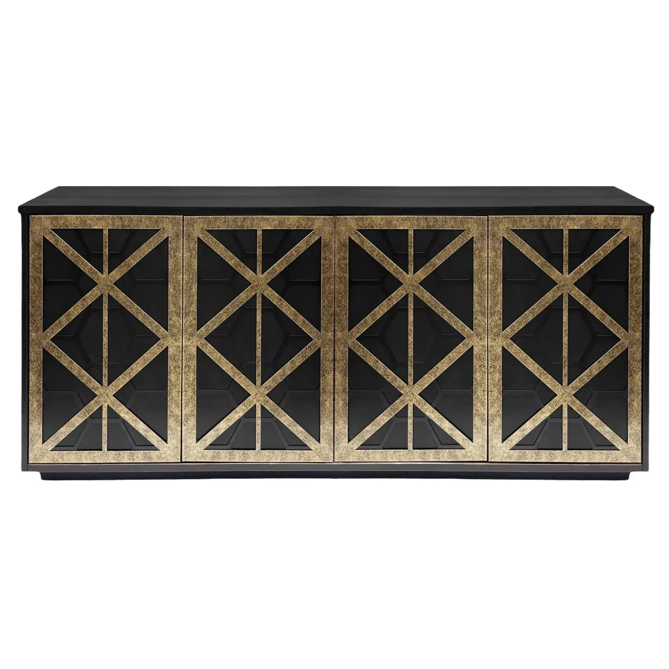 Black and gold sideboard with geometric fretwork design.