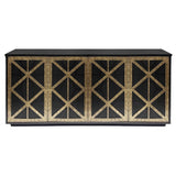 Black and gold sideboard with geometric fretwork design.