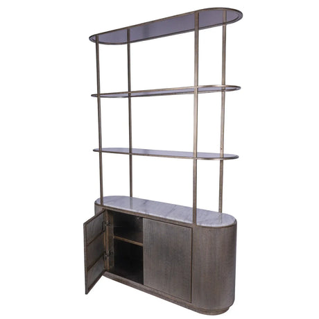 Aged gold shelving unit with open storage doors and marble top.