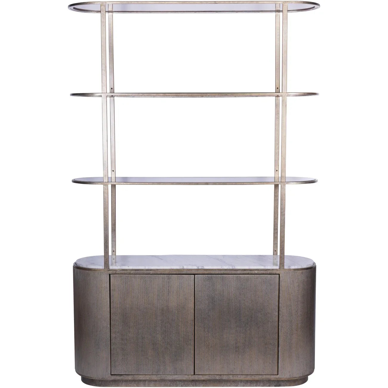 Aged gold shelving unit with rounded storage base and open shelves.