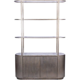Aged gold shelving unit with rounded storage base and open shelves.