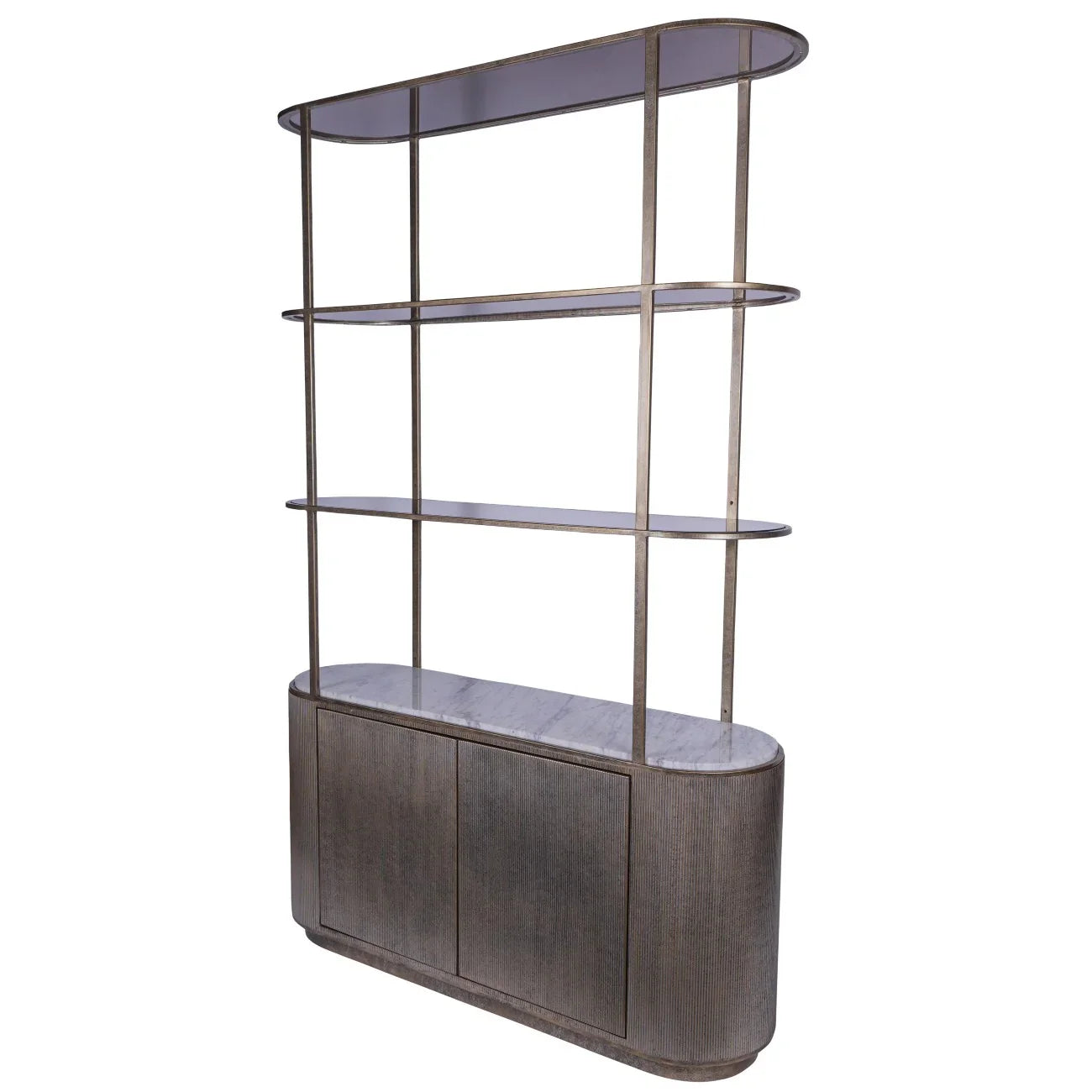 Aged gold shelving unit with storage and marble top | Home Centre Direct UK