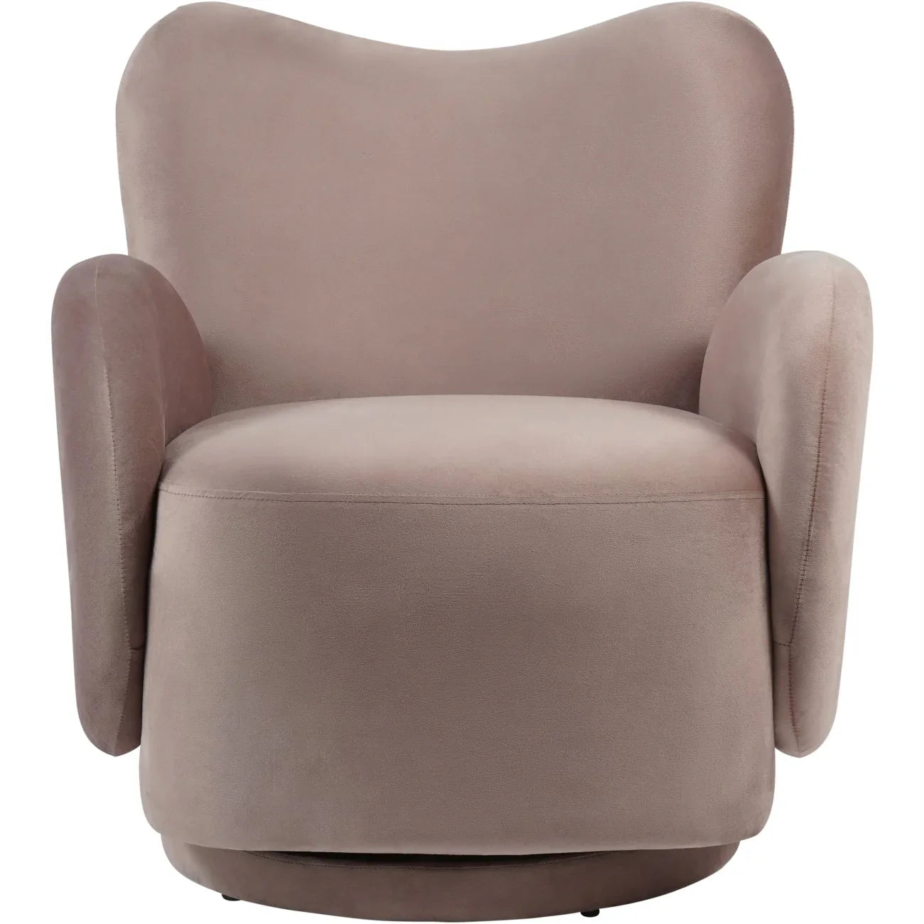 Dusky pink velvet swivel chair with rounded back and armrests.