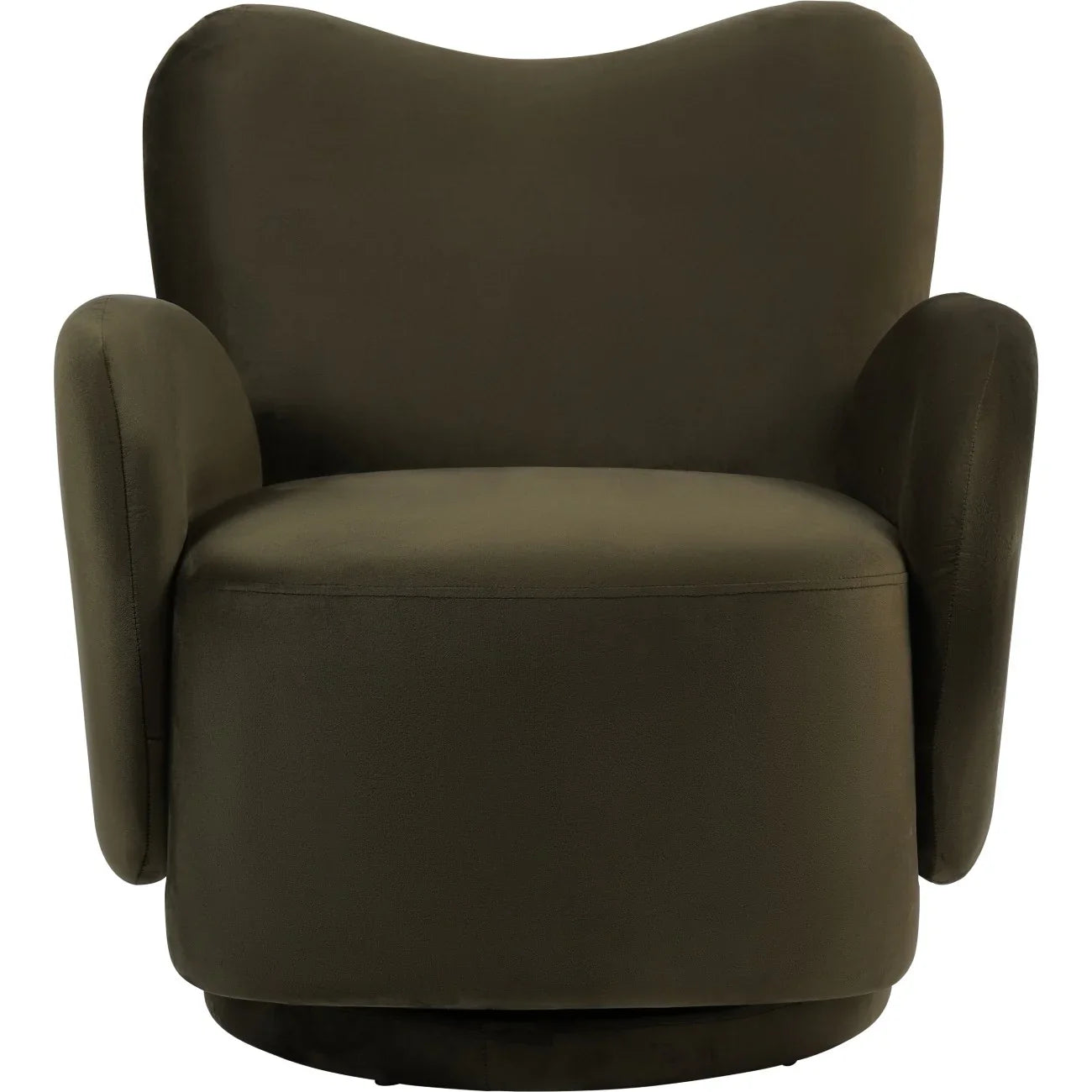 Green velvet swivel chair with curved back and plush armrests.