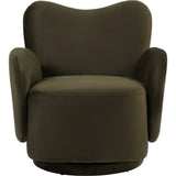 Green velvet swivel chair with curved back and plush armrests.