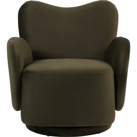 Green velvet swivel chair with curved back and plush armrests.