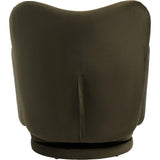 Back view of green velvet swivel chair with smooth upholstery.