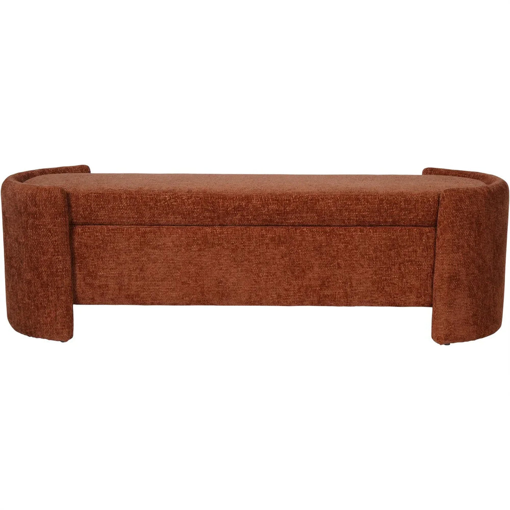 Terracotta fabric bench with curved armrests and hidden storage compartment.