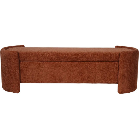Terracotta fabric bench with curved armrests and hidden storage compartment.