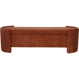 Terracotta fabric bench with curved armrests and hidden storage compartment.